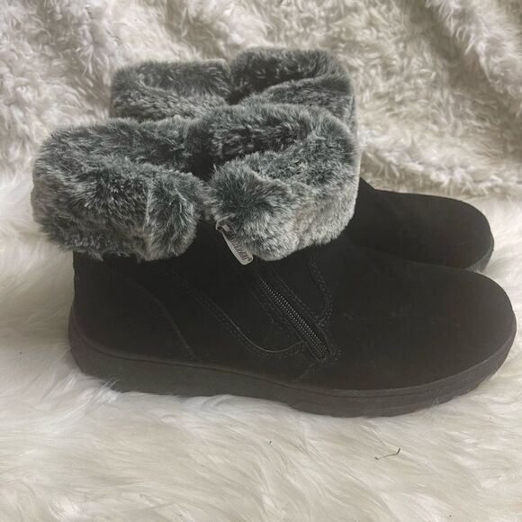 KHOMBU Jessica leather suede black ankle boots with gray & black faux fur SZ10M - Picture 1 of 12